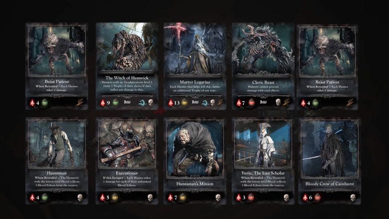 A screenshot of a trailer for Bloodborne the Card Game shows rendered cards.