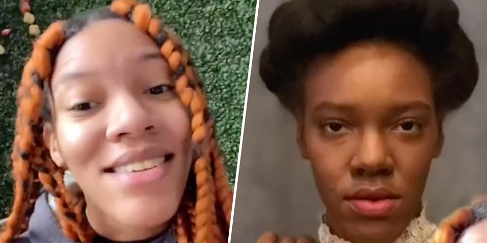 A side-by-side photo of screen grabs from Ffrench-Parker's Tik Tok showing the difference between her normal skin tone and the makeup she was put in (Courtesy of Kelli Ffrench-Parker / Tik Tok)