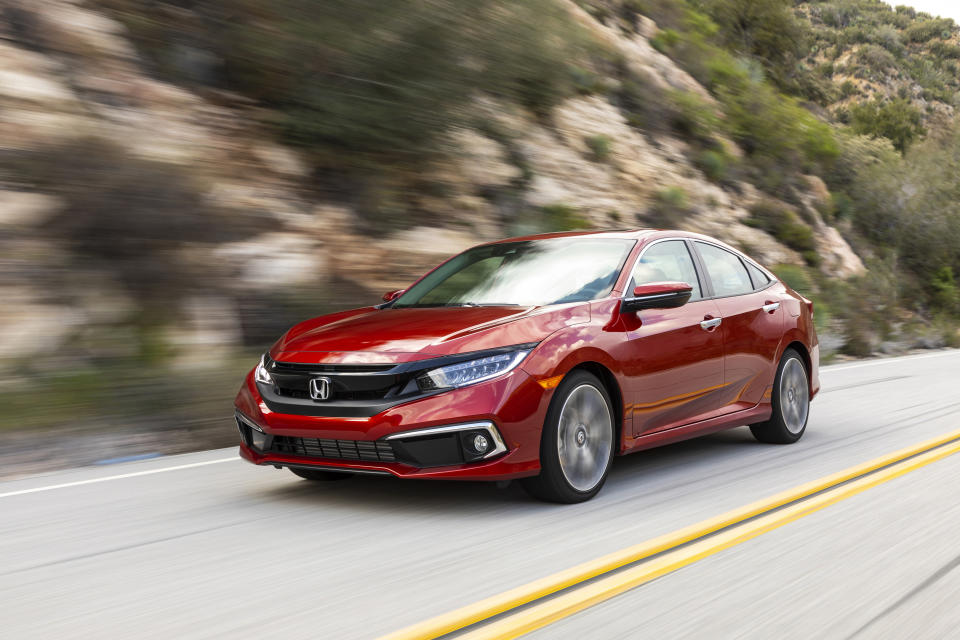 This photo provided by Honda shows the 2020 Honda Civic, an example of a vehicle that holds its value so well on the used market that it's worthwhile considering buying a new model. (Wes Allison/Courtesy of American Honda Motor Co. via AP)