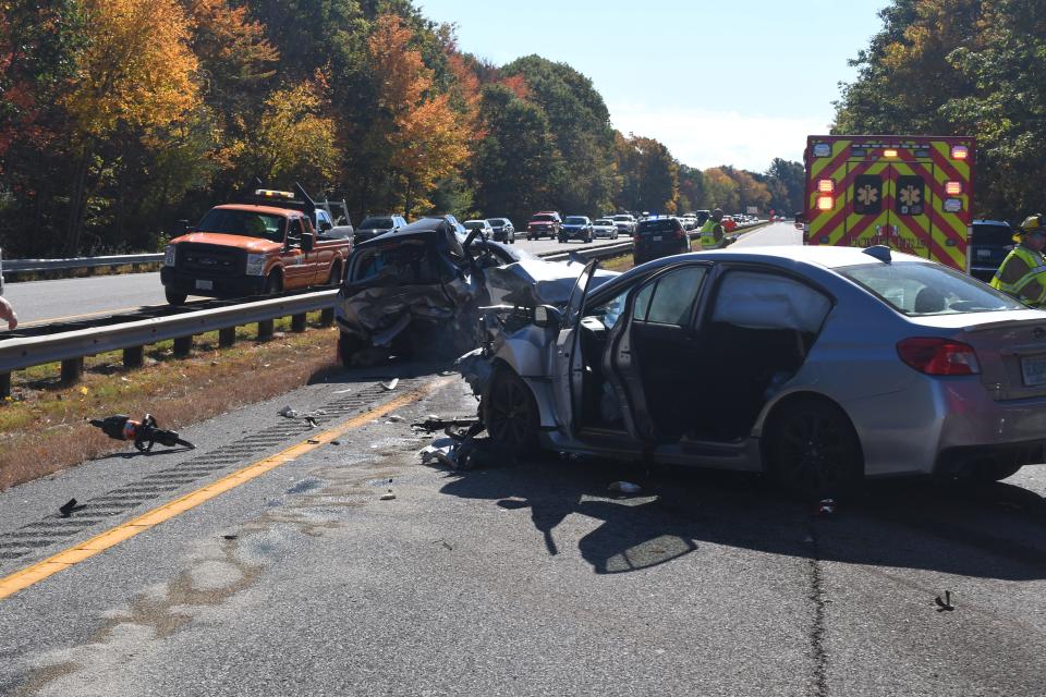 A four-car, chain-reaction crash resulted in one woman being seriously injured on the Spaulding Turnpike in Dover Saturday morning, according to police.