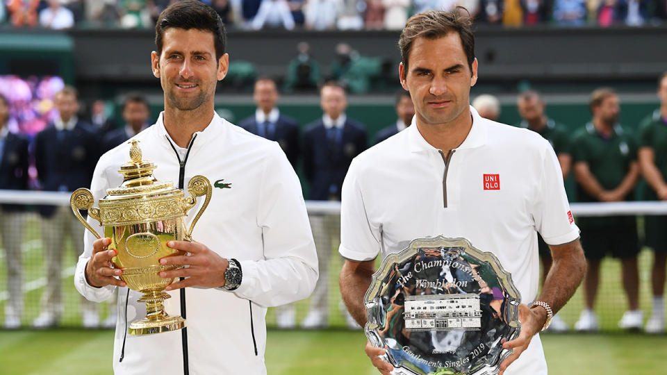 Novak Djokovic, pictured here after beating Roger Federer in the 2019 Wimbledon final.