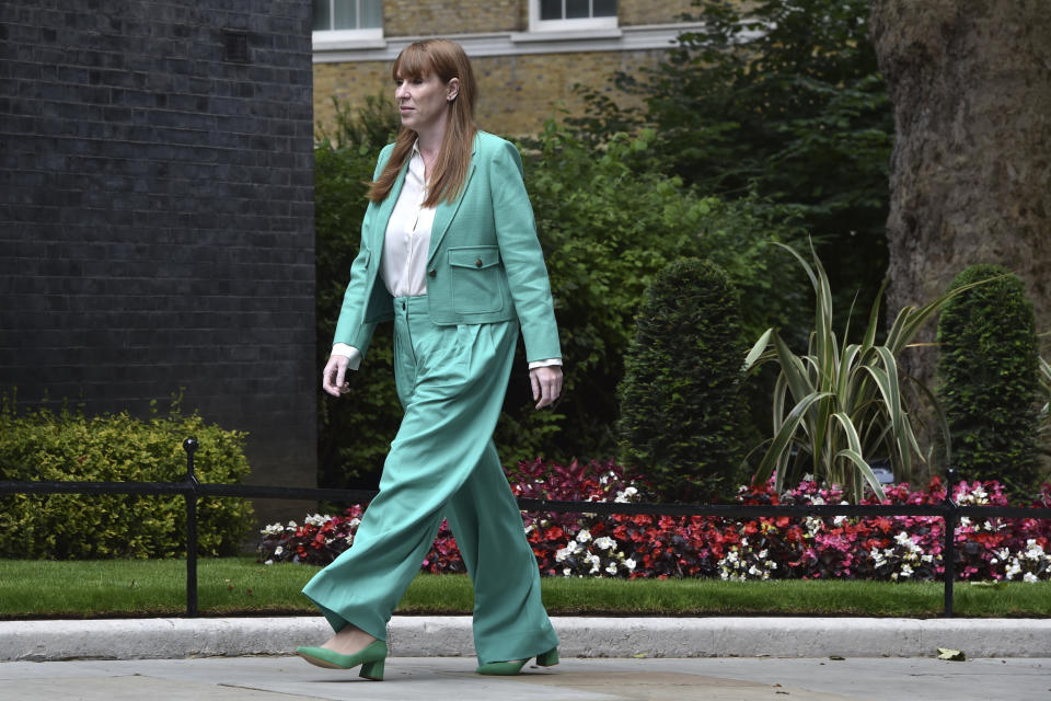 Incoming Deputy Prime Minister Angela Rayner arrives at Downing Street in London, Friday, July 5, 2024. Britain's Labour Party swept to power Friday after more than a decade in opposition, as a jaded electorate handed the party a landslide victory, but also a mammoth task of reinvigorating a stagnant economy and dispirited nation. (AP Photo/Thomas Krych)