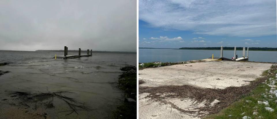 The H. E. Trask Sr. Boat Landing at the end of Sawmill Creek Road in Bluffton saw considerable water inundation from Hurricane Idalia during both the high and spring tide as well as Iadlia’s storm surge. The photo on the left taken on Wednesday at 8:10 p.m. shows part of the landing underwater. The photo on the right, taken the next day at 1:25 p.m. as the river was nearing low tide, shows how high the tide reached by the remaining reeds left on the landing. The boat landing gives users access to the Colleton and Chechessee rivers.