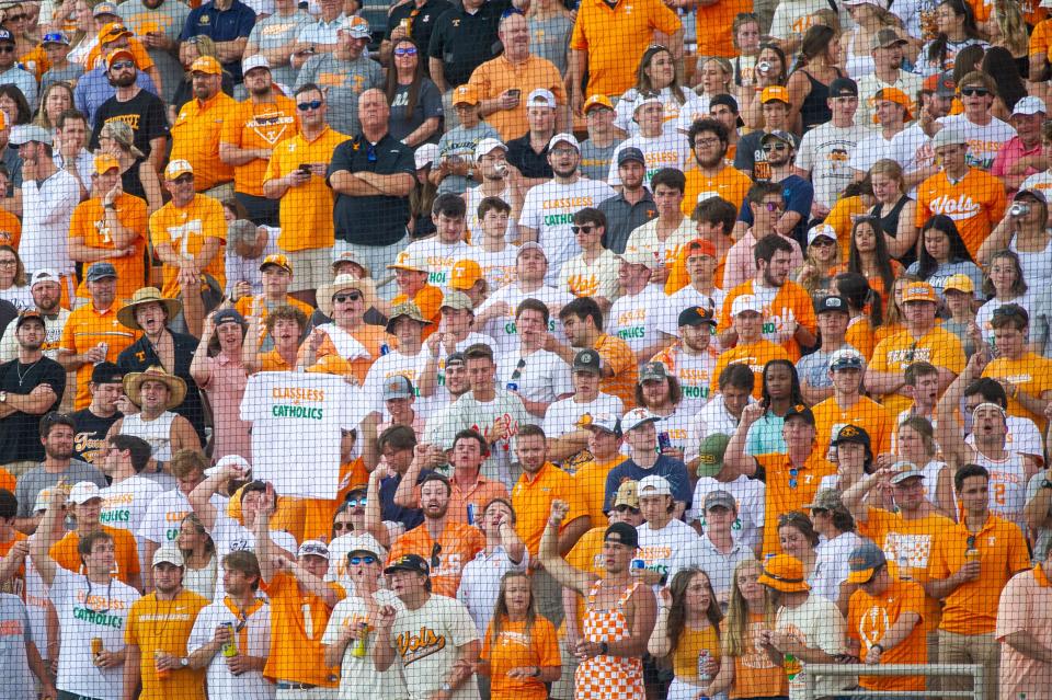 Tennessee's student section cheers during the first round of the NCAA Knoxville Super Regionals between Tennessee and Notre Dame at Lindsey Nelson Stadium in Knoxville, Tennessee on Friday, June 10, 2022.