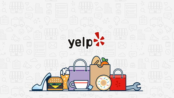 Yelp logo with various cartoon drawings of local goods, including beer, shoes, and shopping bags