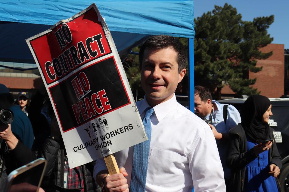 Former South Bend Mayor Pete Buttigieg pickets with Culinary Union workers outside The Palms in Las Vegas on Feb. 18, 2020.