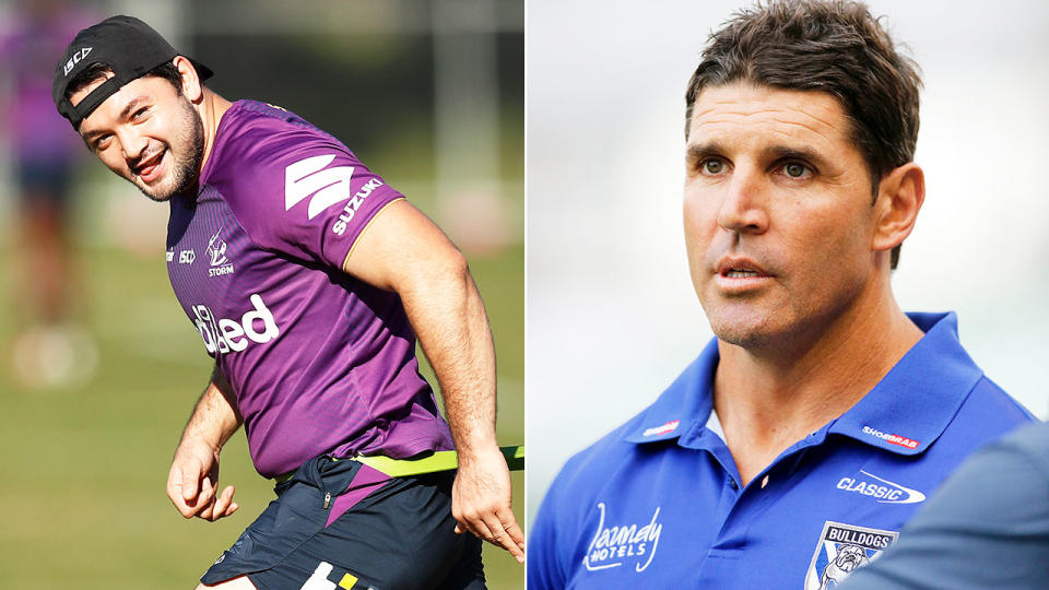 Pictured right, Bulldogs coach Trent Barrett and Storm hooker Brandon Smith on the left.
