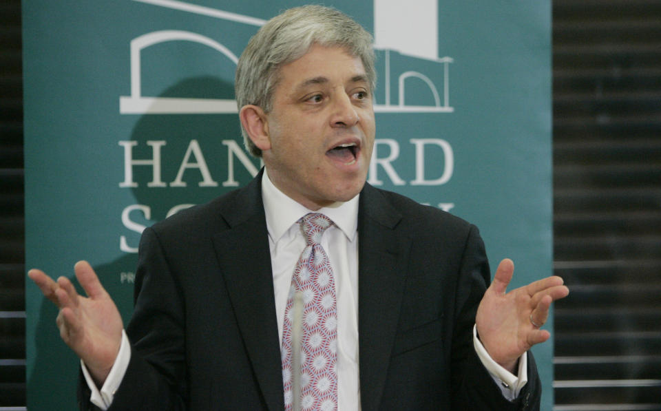 FILE - In this Monday, June, 15, 2009 file photo, British Conservative Member of Parliament John Bercow speaks at a hustings event for candidates for the position of Speaker of the House of Commons in London. A colorful era in British parliamentary history is coming to a close with Speaker of the House John Bercow’s abrupt announcement Monday, Sept. 9, 2019 that he will leave his influential post by the end of October. (AP Photo/Alastair Grant, file)