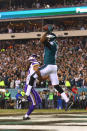 <p>Alshon Jeffery #17 of the Philadelphia Eagles scores a fourth quarter touchdown reception against the Minnesota Vikings in the NFC Championship game at Lincoln Financial Field on January 21, 2018 in Philadelphia, Pennsylvania. (Photo by Mitchell Leff/Getty Images) </p>