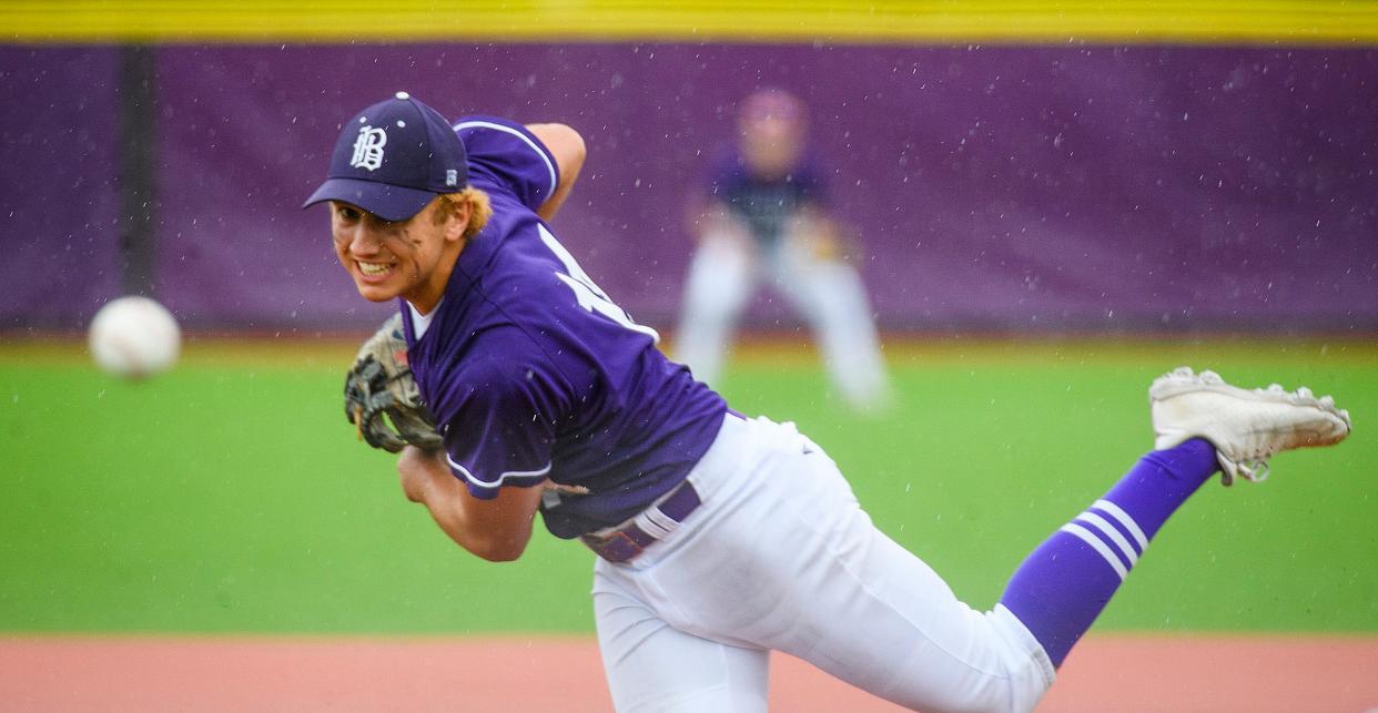 South's Blaise Oeding (14) fires the pitch against East Central during the IHSAA semi-final sectional game at Bloomington High School South on Friday, May 27, 2022.