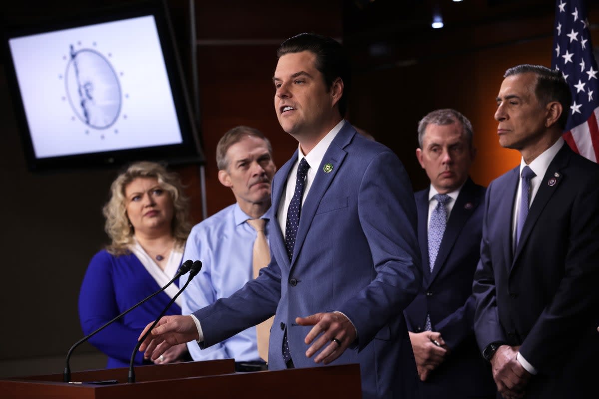 U.S. Rep. Matt Gaetz (R-FL) (3rd L) speaks as (L-R) Rep. Kat Cammack (R-FL), Rep. Jim Jordan (R-OH), Rep. Kelly Armstrong (R-ND), and Rep. Darrell Issa (R-CA) listen during a news conference.  (Getty Images)