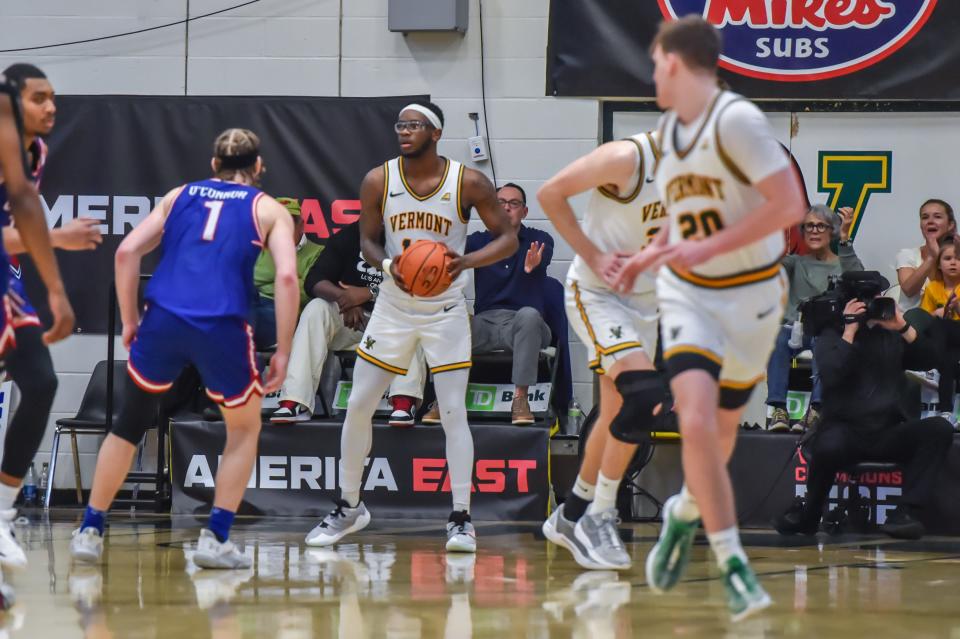 Vermont's Shamir Bogues looks for an outlet pass during the Catamounts' 66-61 win over the UMass Lowell River Hawks at the America East Conference men's basketball championship game at Patrick Gym on Saturday, March 16, 2024.