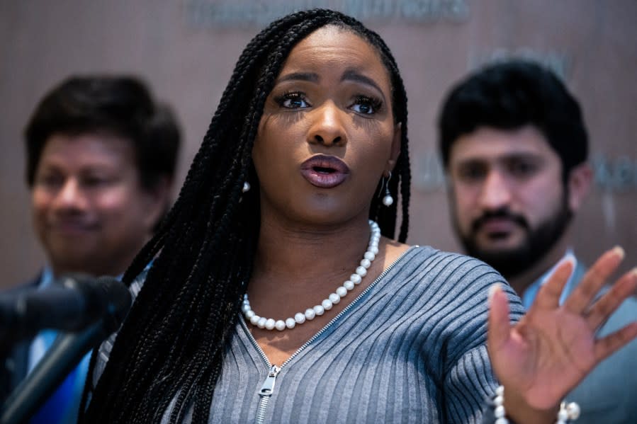 Rep. Jasmine Crockett, D-Texas, speaks during a news conference at the AFL-CIO building in Washington, D.C., on Sunday, Nov. 13, 2022. (Tom Williams/CQ-Roll Call, Inc via Getty Images)