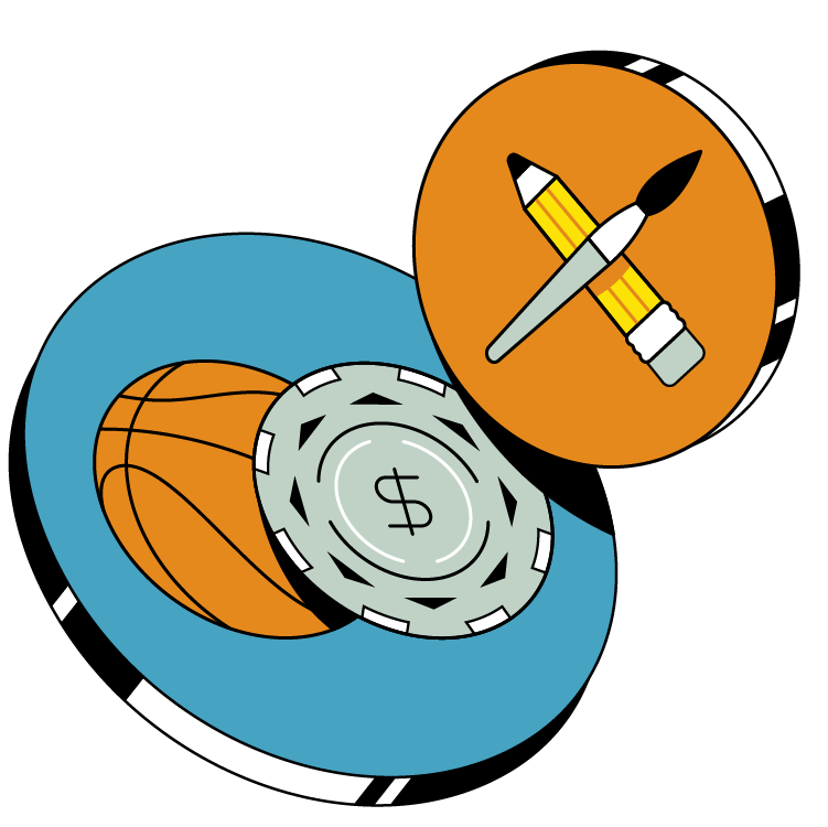 Illustration of a basketball with a poker chip and a pencil and paintbrush. Jordon Cheung / For The Times