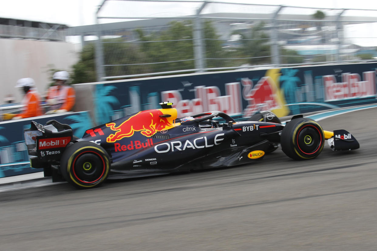 MIAMI GARDENS, FL - MAY 08: Oracle Red Bull Racing Honda driver Sergio Perez (11) of Mexico enters turn 14 during the Formula 1 CRYPTO.COM Miami Grand Prix on May 8, 2022 at Miami International Autodrome in Miami Gardens, FL.(Photo by Jeff Robinson/Icon Sportswire via Getty Images)