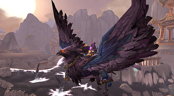 A draenei mage sits on a violet phoenix