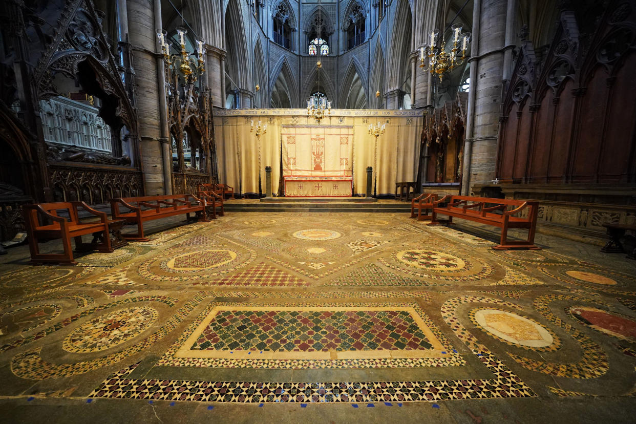 The Cosmati pavement, located before the altar at Westminster Abbey, central London. Picture date: Thursday March 23, 2023. (Photo by Jonathan Brady/PA Images via Getty Images)