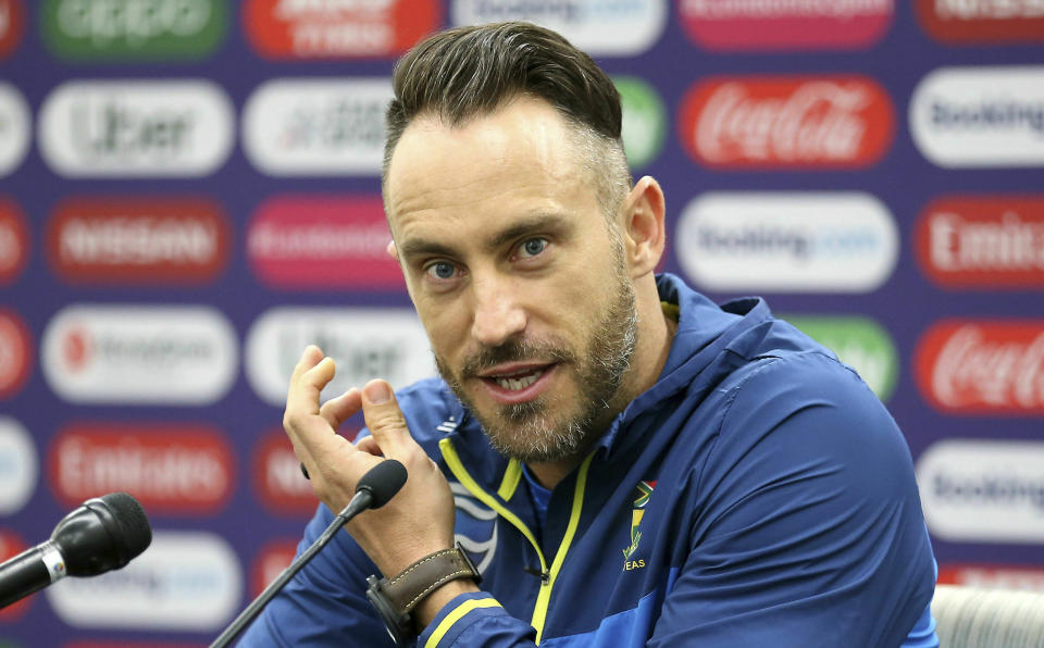 South Africa's Faf du Plessis speaks during a press conference at The Oval, London, Wednesday May 29, 2019 on the eve of the opening match of the Cricket World Cup. (Nigel French/PA via AP)