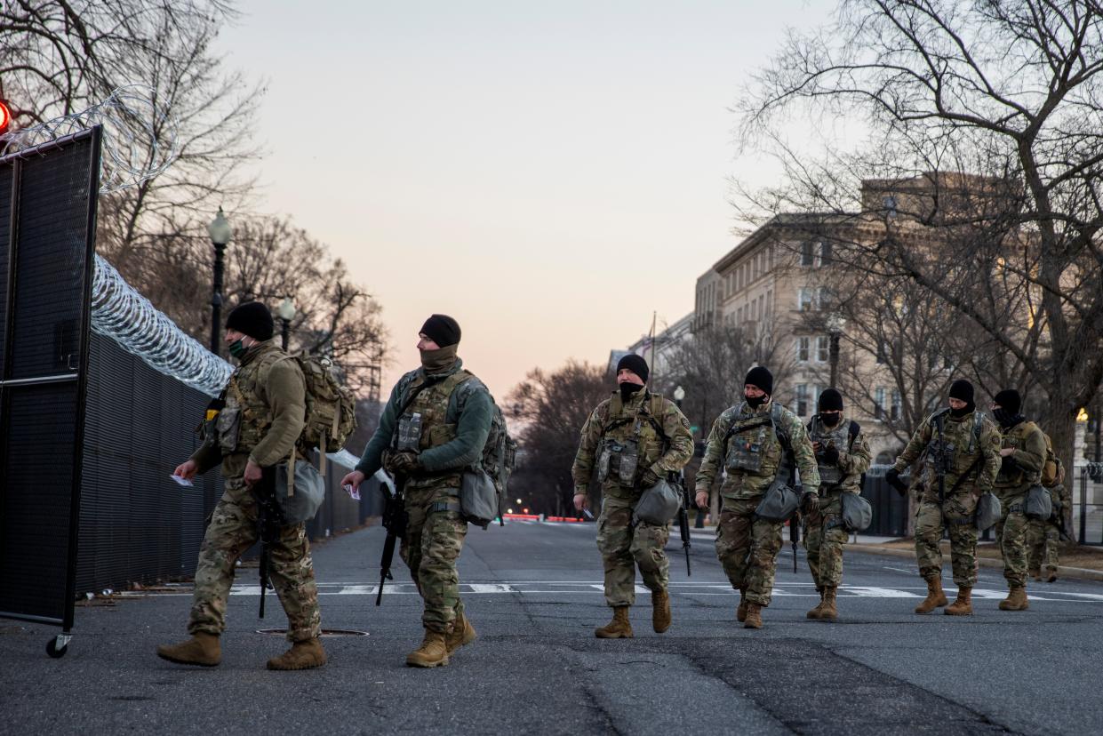 A massive security presence — including thousands of National Guard troops — still surrounds the US Capitol in the wake of the insurrection in January. (Getty Images)