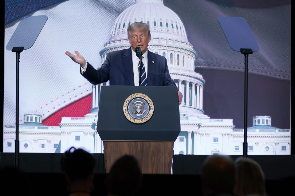 President Donald Trump speaks to the 2020 Council for National Policy Meeting, Friday, Aug. 21, 2020, in Arlington, Va. (AP Photo/Evan Vucci)