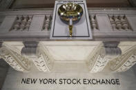 FILE - The opening bell is seen on the floor at the New York Stock Exchange in New York, March 28, 2023. Wall Street is slipping in the first trading for stocks after a report raised speculation the Federal Reserve may tap the brakes a little harder on the economy. The S&P 500 was 0.6% lower in early Monday, April 10, 2023 trading. (AP Photo/Seth Wenig, file)