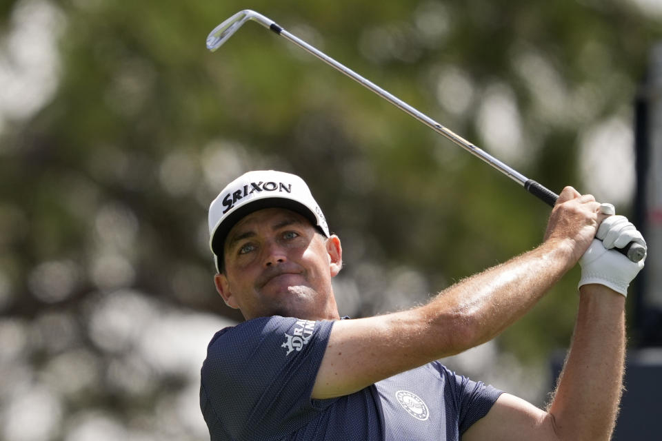 Keegan Bradley hits from the seventh tee during the third round of the BMW Championship golf tournament at Castle Pines Golf Club, Sunday, Aug. 25, 2024, in Castle Rock, Colo. (AP Photo/Matt York)