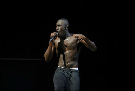 Stormzy performs at the Brit Awards at the O2 Arena in London, Britain, February 21, 2018. REUTERS/Hannah McKay