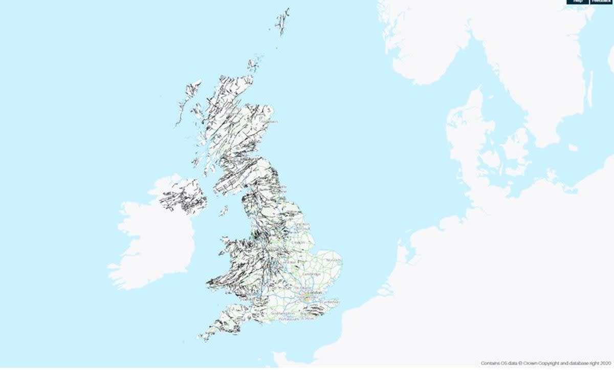 A map shows faults in the UK that we know about and that are big enough to show up on such a large-scale map (BGS © UKRI)