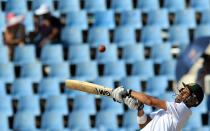 South Africa's batsman Robin Peterson, takes evasive action against a bouncer on the fourth day of their cricket test match against South Africa at Centurion Park in Pretoria, South Africa, Saturday, Feb. 15, 2014. (AP Photo/ Themba Hadebe)