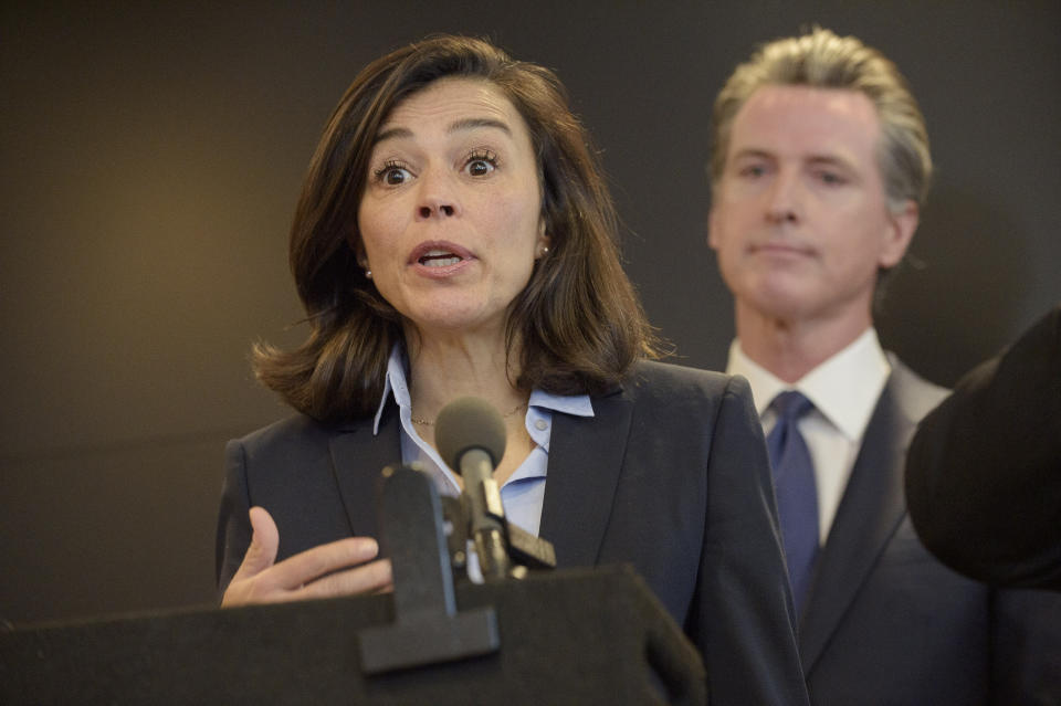 California Department of Public Health Director and State Health Officer Dr. Sonia Angell speaks to members of the press at a news conference in Sacramento, Calif., Thursday, Feb. 27, 2020. Newsom spoke about the state's response to novel coronavirus, also known as COVID-19. Yesterday, the Centers for Disease Control and Prevention confirmed a possible first case of person-to-person transmission of COVID-19 in California in the general public.(AP Photo/Randall Benton)