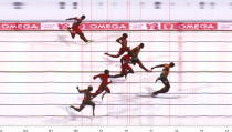 LONDON, ENGLAND - AUGUST 05: In this handout photo finish image supplied by Omega, Usain Bolt of Jamaica wins the Men's 100m Final on Day 9 of the London 2012 Olympic Games at the Olympic Stadium on August 5, 2012 in London, England. (Photo by Omega via Getty Images)