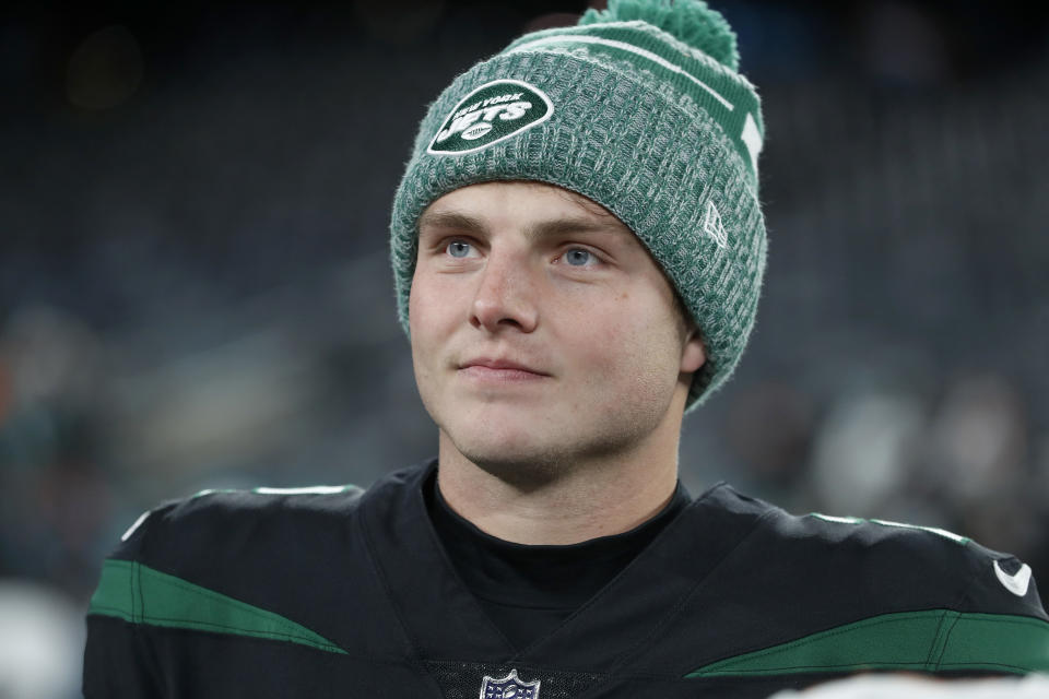 EAST RUTHERFORD, NEW JERSEY - NOVEMBER 24: (NEW YORK DAILIES OUT)  Zach Wilson #2 of the New York Jets looks on after a game against the Miami Dolphins at MetLife Stadium on November 24, 2023 in East Rutherford, New Jersey. The Dolphins defeated the Jets 34-13.  (Photo by Jim McIsaac/Getty Images)