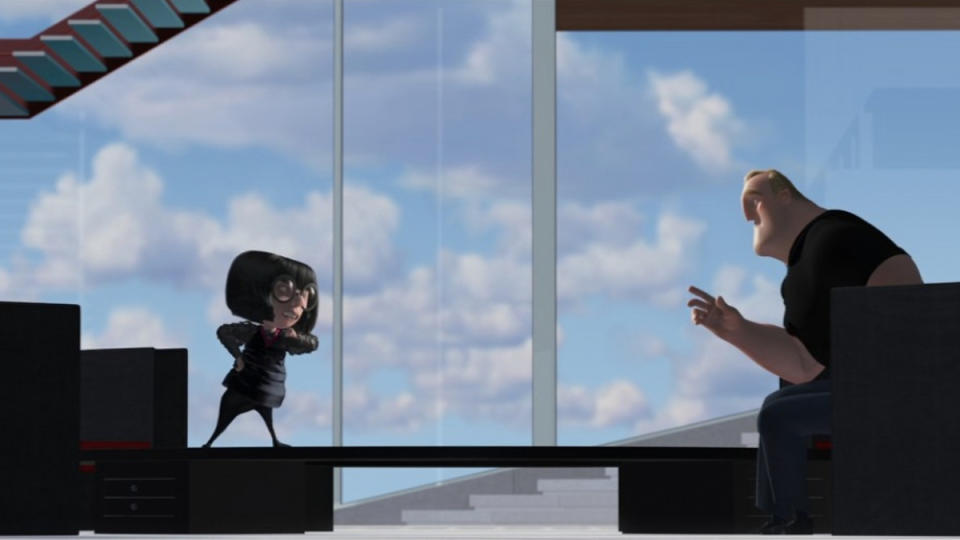 Mr. Incredible and Edna argue in Edna's lavish living room