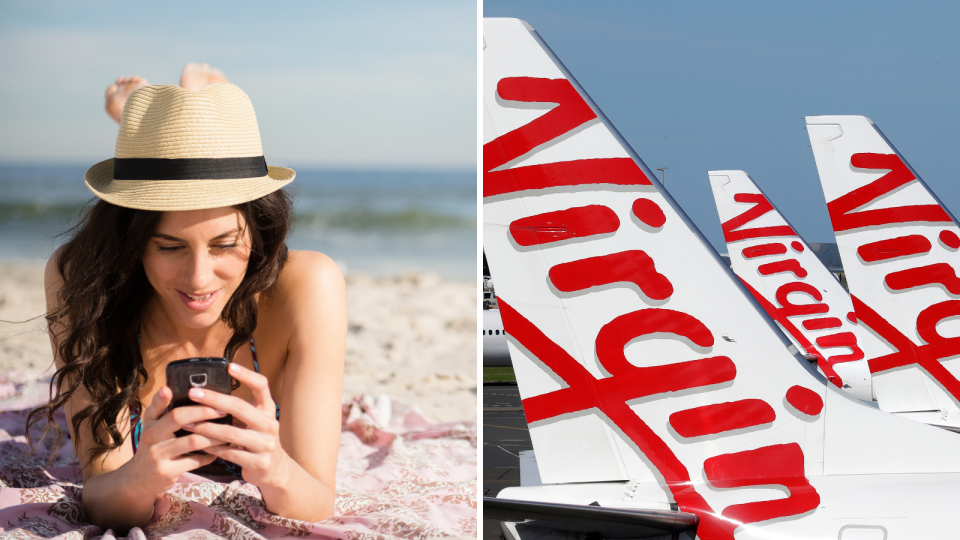 Woman on beach and Virgin Australia plane tails