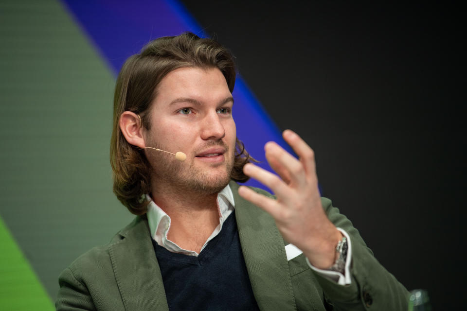 20 January 2019, Bavaria, München: Valentin Stalf, founder and managing director of N26, speaks on stage at the Digital Life Design (DLD) innovation conference. Photo: Lino Mirgeler/dpa (Photo by Lino Mirgeler/picture alliance via Getty Images)