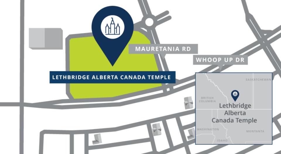 The location of the Lethbridge Alberta Temple shown on a map, at the the corner of Whoop Up Drive West and Mauretania Road West in Lethbridge.