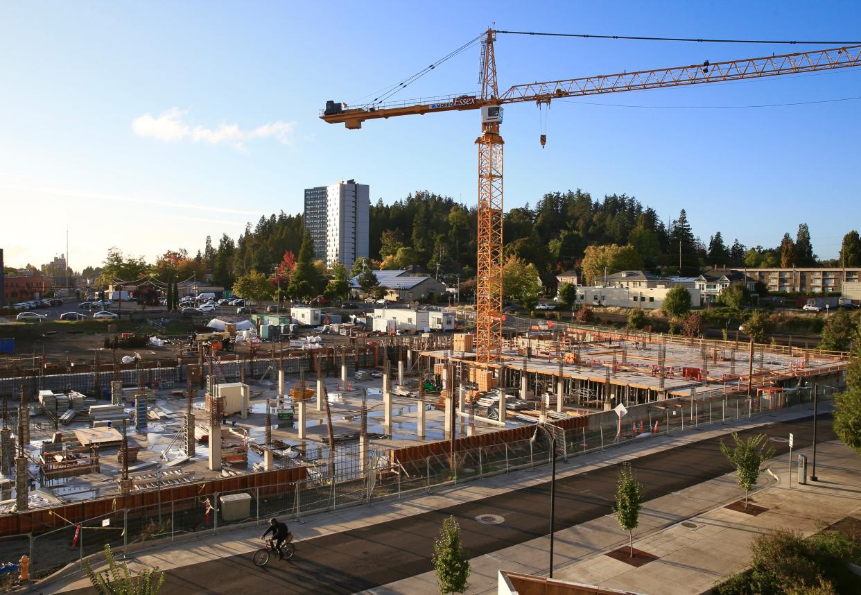 Construction underway on the first part of the Portal apartment complex at 4th Avenue and High St. in Eugene.