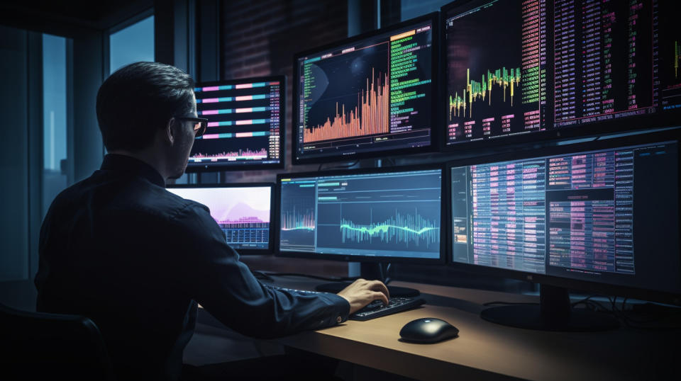 A portfolio manager in front of a computer, assessing financial data in real time.