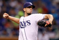 ST PETERSBURG, FL - JUNE 16: : Pitcher James Shields #33 of the Tampa Bay Rays pitches against the Miami Marlins during the game at Tropicana Field on June 16, 2012 in St. Petersburg, Florida. (Photo by J. Meric/Getty Images)