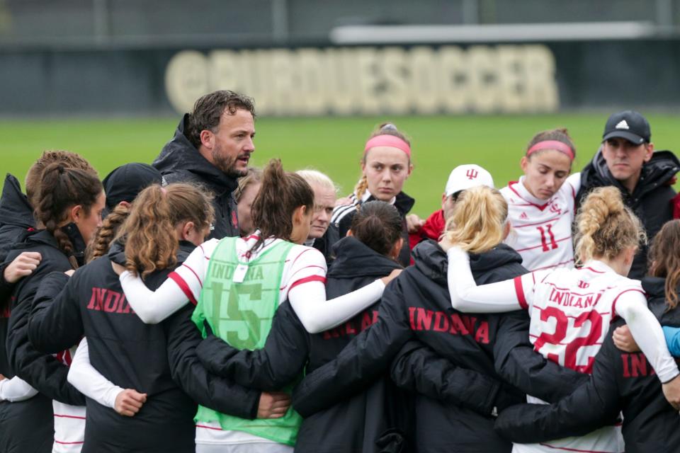 Indiana head coach Erwin van Bennekom talks with his team after falling to Purdue, 2-0, Sunday, Oct. 24, 2021 at Folk Field in West Lafayette.