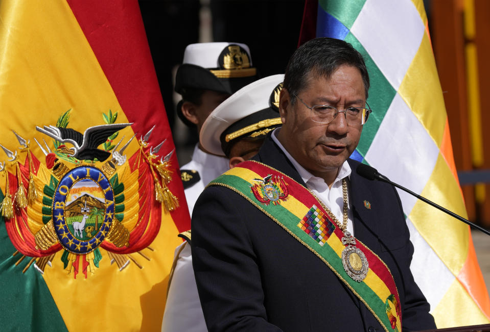 Bolivian President Luis Arce speaks during an event honoring national hero Eduardo Abaroa, who died in the 1879-1883 War of the Pacific, as part of Sea Day celebrations in La Paz, Bolivia, Thursday, March 23, 2023. Bolivia lost its only seacoast to Chile during the War of the Pacific. (AP Photo/Juan Karita)