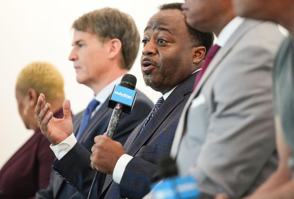 Republican mayoral candidate Abdul-Hakim Shabazz answers questions during a mayoral Republican town hall on Thursday, March 30, 2023 at The Indianapolis Star in Indianapolis.