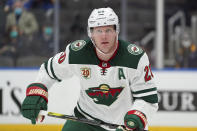 FILE - Minnesota Wild's Ryan Suter plays during the second period of an NHL hockey game against the St. Louis Blues in St. Louis, in this Friday, April 9, 2021, file photo. Ryan Suter became the first player to sign a new contract when NHL free agency began Wednesday, July 28, 2021, joining the Dallas Stars on a $14.6 million, four-year deal. (AP Photo/Jeff Roberson, File)