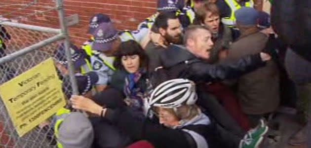 Angry scenes at another East West Link picket at Carlton North. Photo: 7News