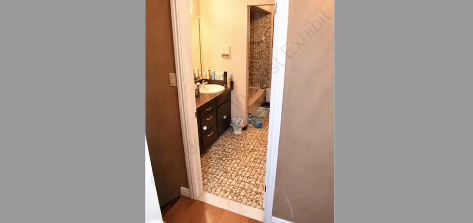 A view of the bathroom inside the Tecumseh home of Derek Teskey's mother, where Teskey fought with OPP officers on June 14, 2019.