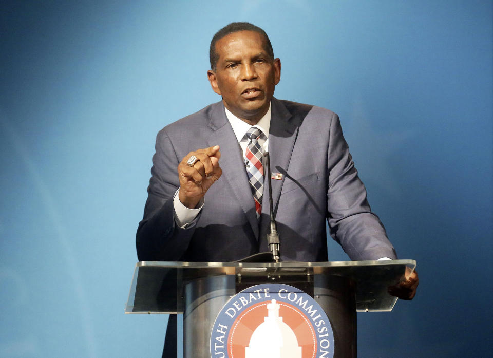 4th Congressional District Republican candidate Burgess Owens speaks during an Utah Debate Commission debate against Democratic Utah Congressman Ben McAdams on Monday, Oct. 12, 2020, in Salt Lake City. (Kristin Murphy/ Deseret News, via AP, Pool)