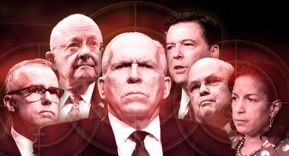 From left: Andrew McCabe, James Clapper, John Brennan, James Comey, Michael Hayden and Susan Rice. (Photo illustration: Yahoo News; photos: AP)