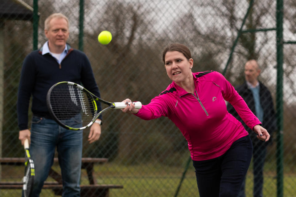 Liberal Democrat Leader Jo Swinson playing tennis as she visits Shinfield Tennis Club, where she will discuss policies aimed at promoting a healthy lifestyle and tackling child obesity, while on the General Election campaign trail.