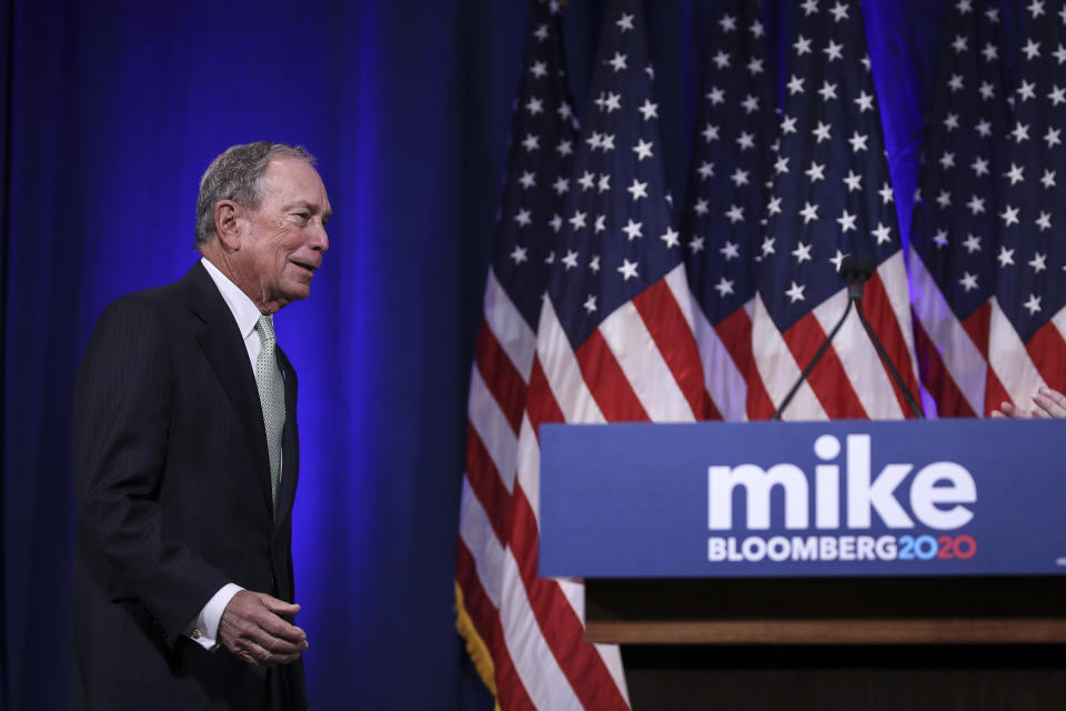 NORFOLK, VA - NOVEMBER 25: Newly announced Democratic presidential candidate, former New York Mayor Michael Bloomberg arrives to speak during a press conference to discuss his presidential run on November 25, 2019 in Norfolk, Virginia. The 77-year old Bloomberg joins an already crowded Democratic field and is presenting himself as a moderate and pragmatic option in contrast to the current Democratic Party's increasingly leftward tilt. In recent years, Bloomberg has used some of his vast personal fortune to push for stronger gun safety laws and action on climate change. (Photo by Drew Angerer/Getty Images)