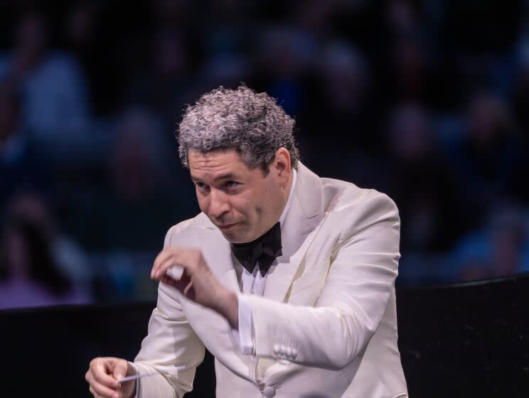 Hollywood, CA - July 06: Gustavo Dudamel conducts the Los Angeles Philharmonic which was performing Mussorgsky, Falla and Ravel at Hollywood Bowl in Hollywood Thursday, July 6, 2023. (Allen J. Schaben / Los Angeles Times)